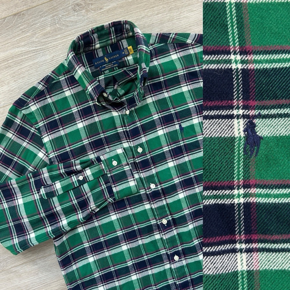 Polo‎ Ralph Lauren Plaid Performance Flannel Shirt Mens M Green Custom Fit Work